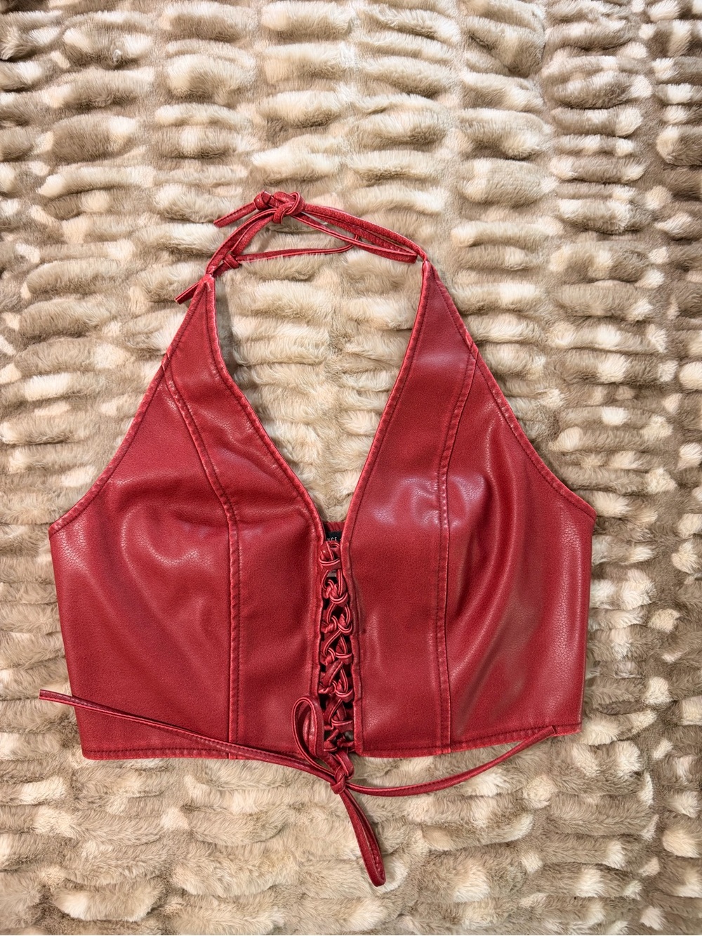 silence + noise Wine Red Lace-Up Vegan Leather Halter Top - Picture 2 of 4